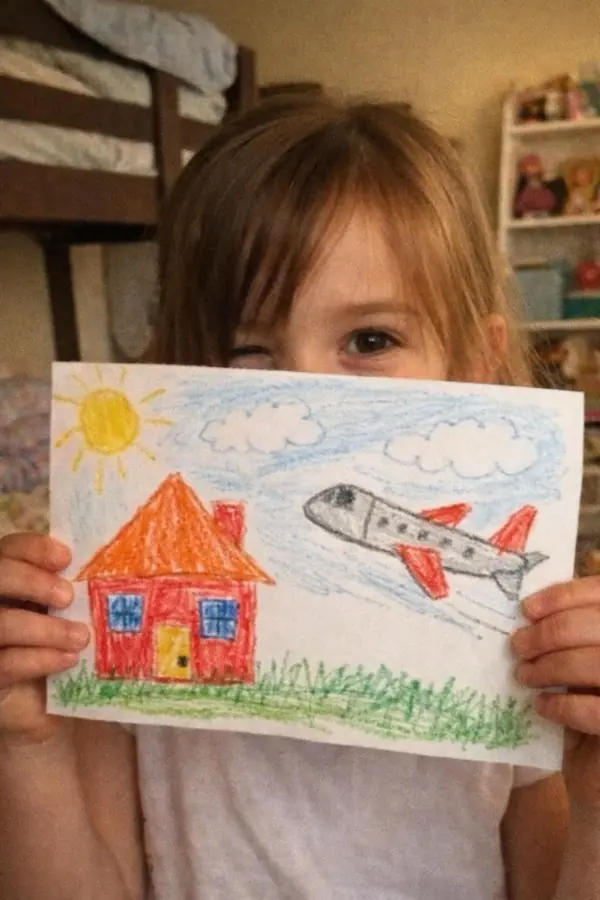 A seven-year-old holding a crayon drawing up to the camera