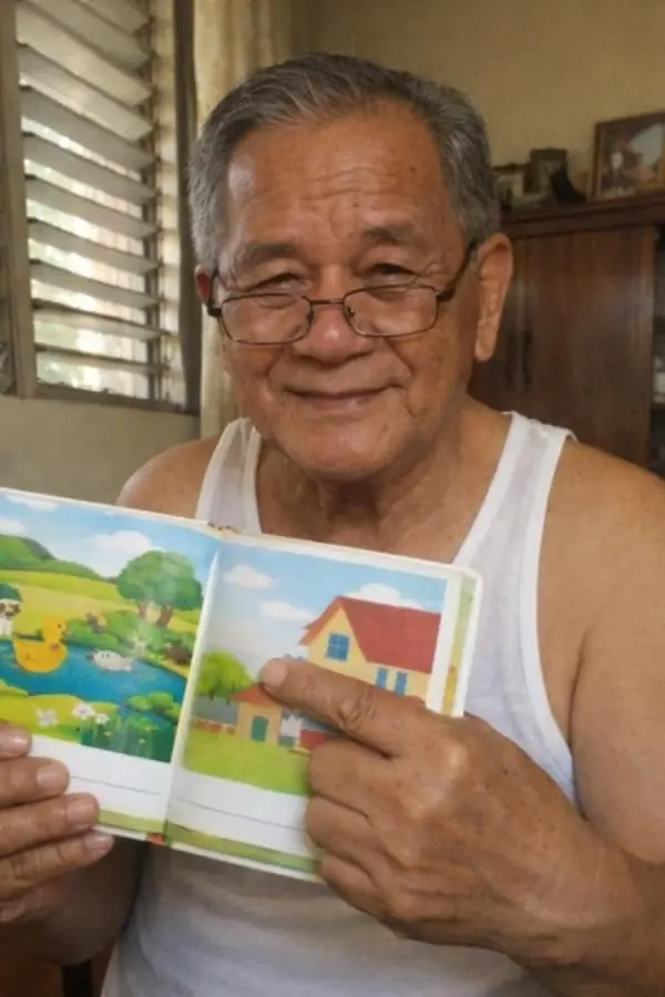 A grandfather holding an open storybook up to the camera
